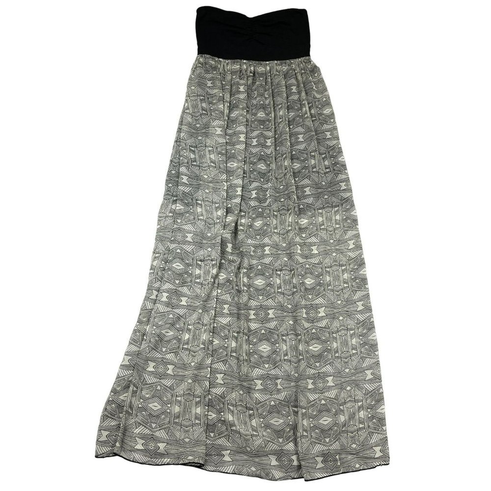 Roxy Bandeau Maxi Dress Size M Black Gray Tribal Lined Smocked Back Strapless